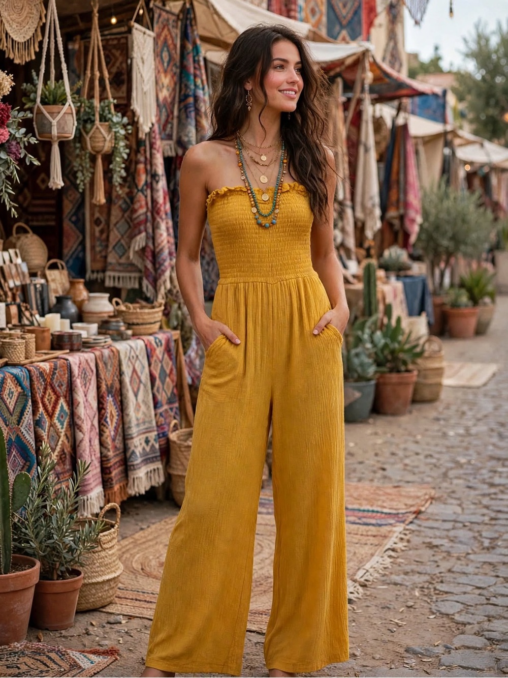 Love Tree Mustard Yellow Smocked Wide Leg Jumpsuit Medium Boho